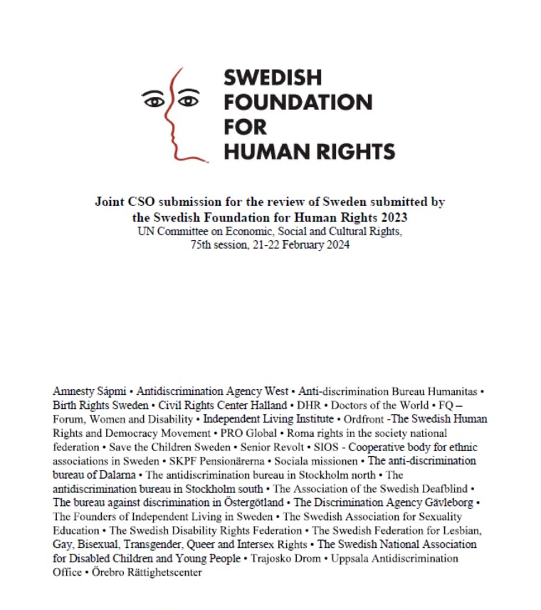 Syntolkning: Joint CSO submission for the review of Sweden submitted bythe Swedish Foundation for Human Rights 2023 UN Committee on Economic, Social and Cultural Rights, 75th session, 21-22 February 2024.